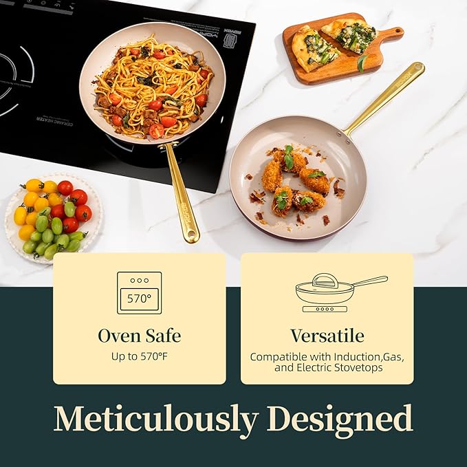 ROYDX Titanium Ceramic Nonstick Fry Pan Set 8", 10" and 12" Frying Pan Skillet Set with Glass Lids-Non Toxic, PTFE & PFOA Free - Oven Dishwasher Safe & Compatible with All Stovetops-Walnut Brown