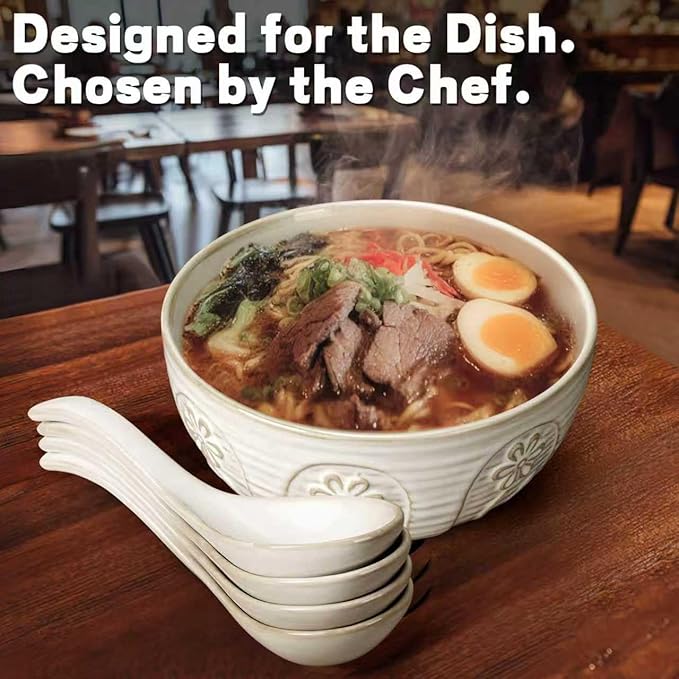 Artena Soup Bowls 32 OZ, Cereal Bowls Set of 4, White Embossment Ceramic Ramen Bowl for Salad, Dinner, Pho, Noodle, Pasta, Snacks, Dishwasher Microwave Safe, 6.3 Inch, Pinwheel Flower