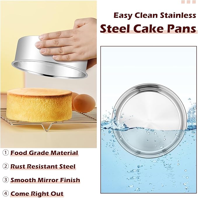 LIANYU 6 Inch Cake Pan Set of 3, Stainless Steel Round Smash Cake Baking Pans Tins, Bakeware for Birthday Wedding Party, Leak-proof & Mirror Finish, Dishwasher Safe