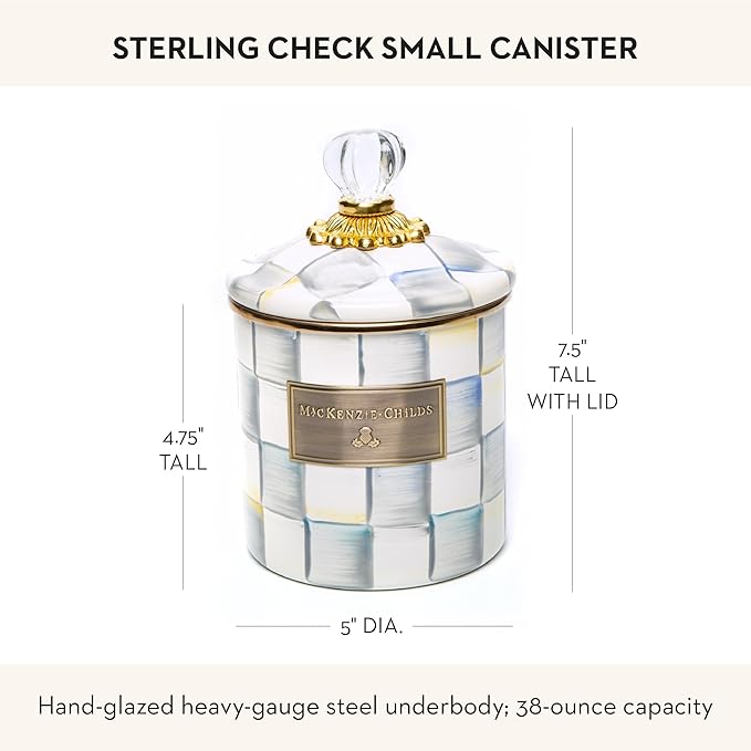 MACKENZIE-CHILDS Small Enamel Canister, Kitchen Storage Container for Flour and Sugar, 1.13 Liters, Grey-and-White Sterling Check