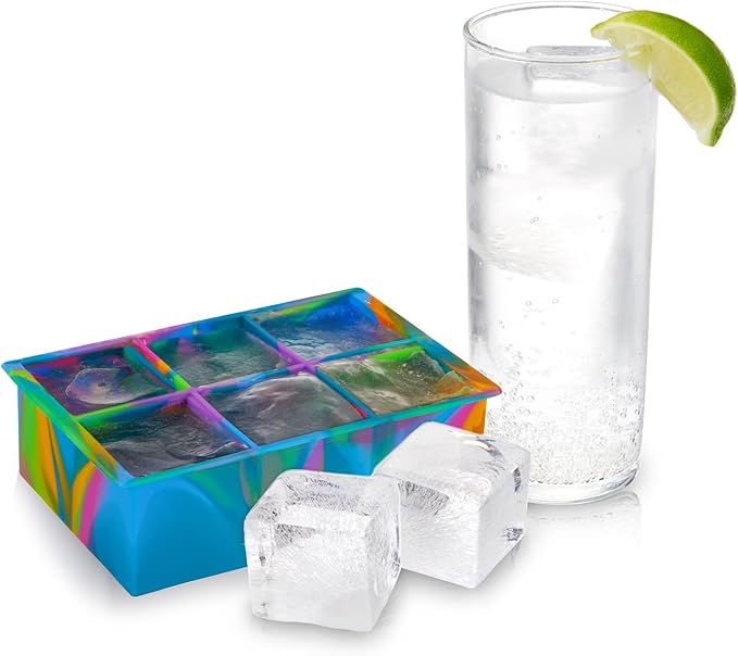 Host Ice Cube Tray with Lid, Makes 6 Large 2" Cubes, Durable Silicone Trays, Perfect for Cocktails, Beverages, Mocktails, Iced Coffee, Tea, Infused Water, Kitchen Essentials, Set of 1, Colored Marble