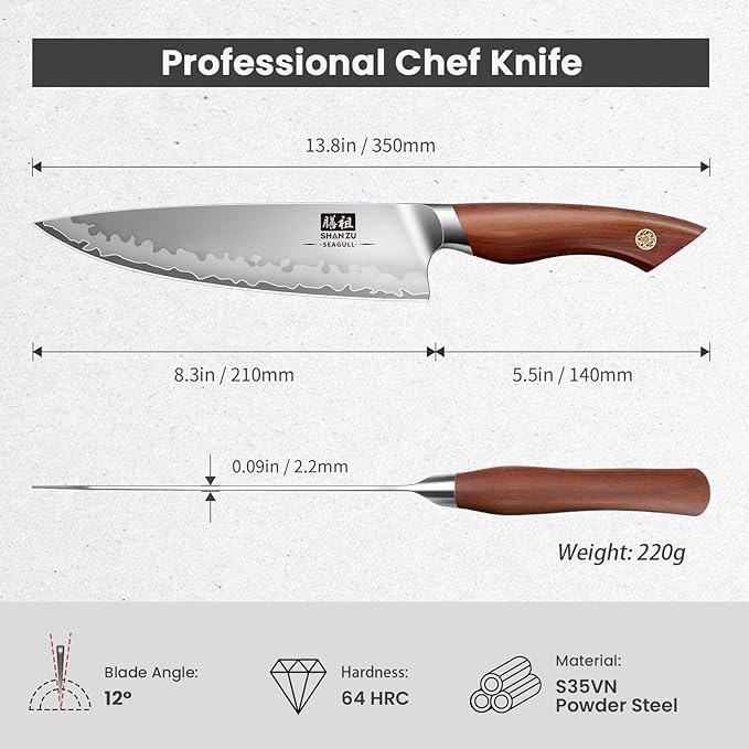 SHAN ZU Chef Knife 8 Inch, American S35VN Powder Steel Sharp Kitchen Knife, Professional Cooking Knife with Ergonomic Red Sandalwood Handle, Meat Cutting Gyuto Knife, Gifts for Women & Men