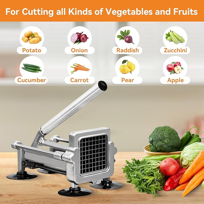 Commercial French Fry Cutter Stainless Steel.Potato Cutter for French Fries with 1/4 and 3/8Inch Blade, Commercial French Fry Cutter Manual Potatoes Cutting Machine with Suction Feet.