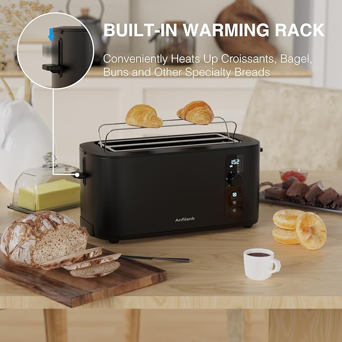 Toaster 4 Slice Long Extra Wide Slot 1.5" with Countdown Timer, 6 Browning Settings, Built-in Warming Rack, Bagel/Cancel/Defrost Functions, Removable Crumb Tray-Matteblack