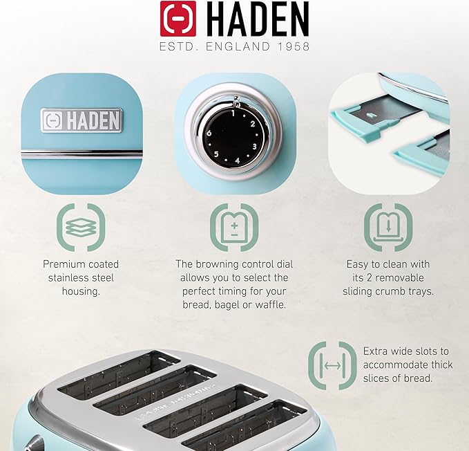 Haden 12 Cup Programmable Drip Coffee Maker Coffee Machine Bundled with Heritage 4 Slice Wide Slot Stainless Steel Toaster, Turquoise & Chrome