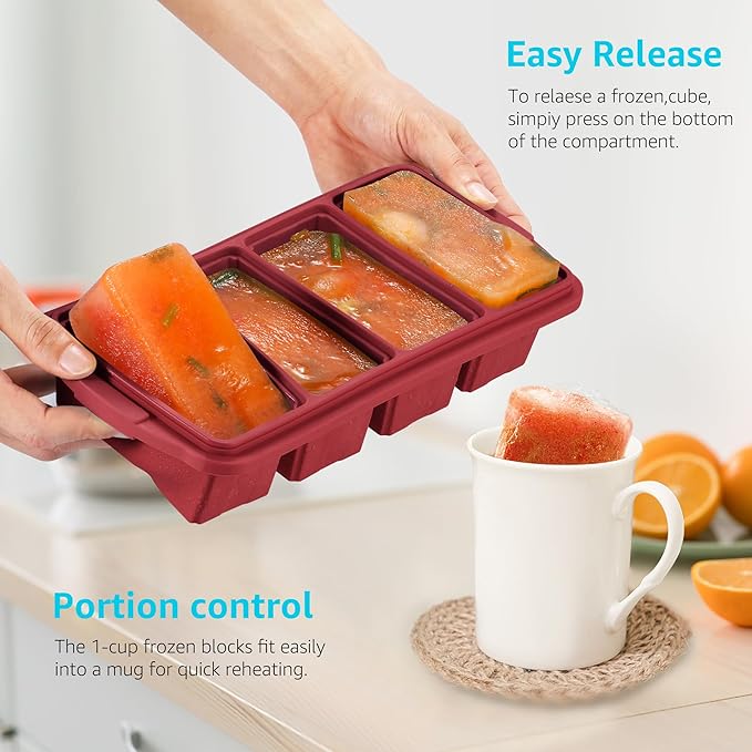 Silicone Freezer Tray With Lid - Silicone Freezer Food Molds- Large Ice Cube Tray,Silicone Freezer Container,Freeze & Store Soup, Sauce, Broth,Leftovers - Makes 4 Perfect 1 Cup