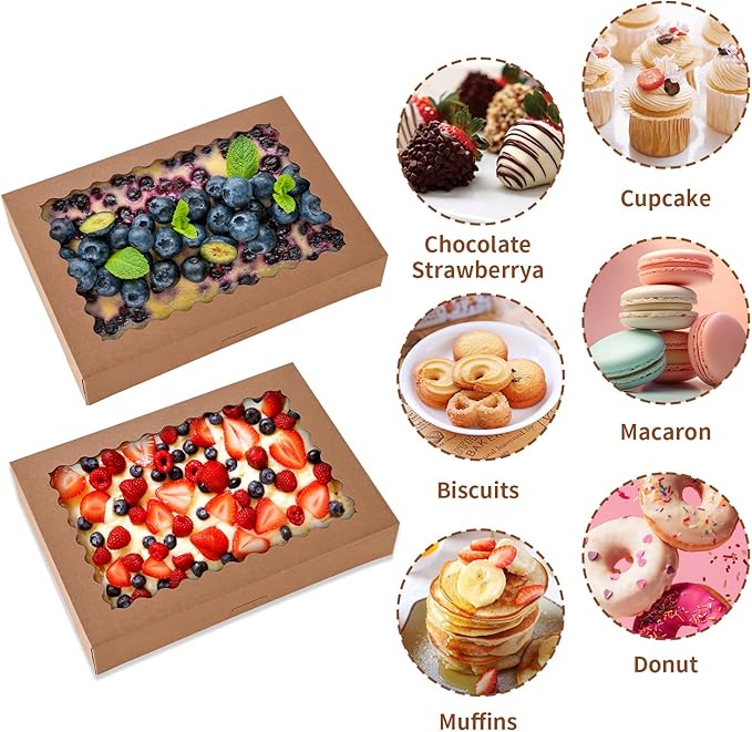 Cookie Boxes,9x6x2.5 Inch Large Bakery Boxes with Window for Pies Chocolate Strawberries Muffins Donuts Pastry Dessert Christmas (Brown, 9 * 6 * 2.5inch/36pcs)