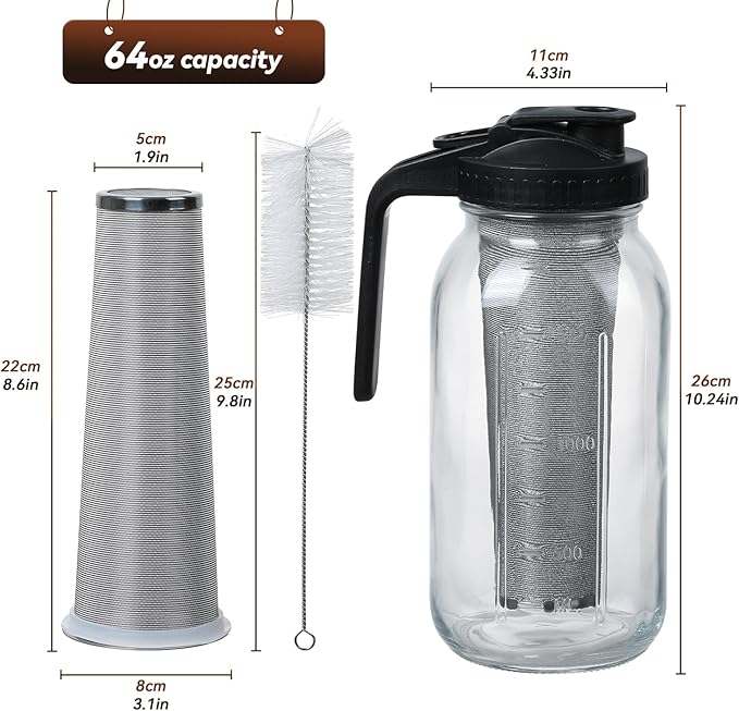 Cold Brew Coffee Maker Pitcher 64-ounce Glass Wide Mouth Mason Jar with Stainless Steel Filter and Pour Spout Handle Lid (Black, 64Ounce)