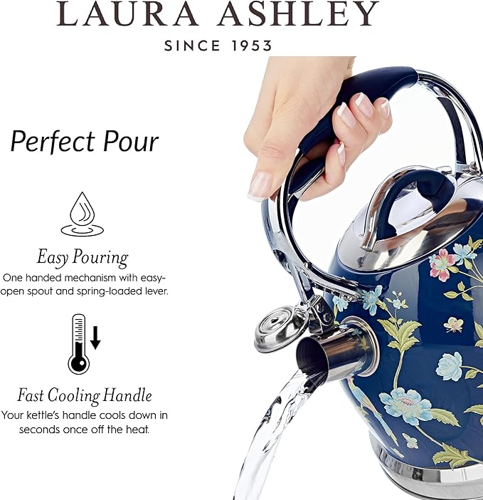 VQ Laura Ashley Elveden Navy 2.5L Stainless Steel Tea Kettle Stovetop Whistling Teapot for Induction, Gas Hob or others. Silicon Coated Cool Handle & Push Button Mechanism Vintage Stove Top Kettle