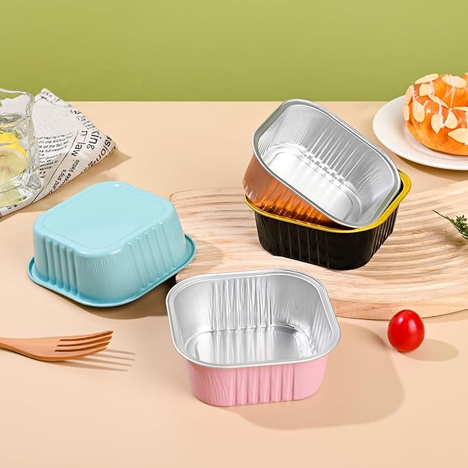 Mini Cake Pans With Lids (10oz,40 Pack) 4”x4” Aluminum Foil Square Cupcake Liners Brownie Baking Cups, Disposable Large Cupcake Pan, Jumbo Muffin Tin Ramekins