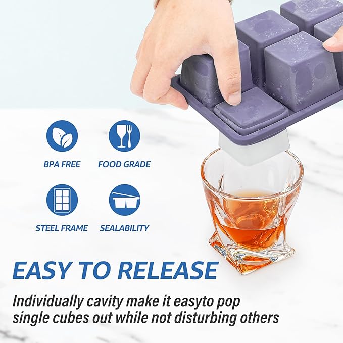 mossime Silicone Ice Cube Tray: 2pack Square Whiskey Large Ice Cube Molds - Old Fashioned Ice Cube Trays with Lid - 2inch Easy Release Big Freezer Mold for Cocktail Baby Food Soup & Juice