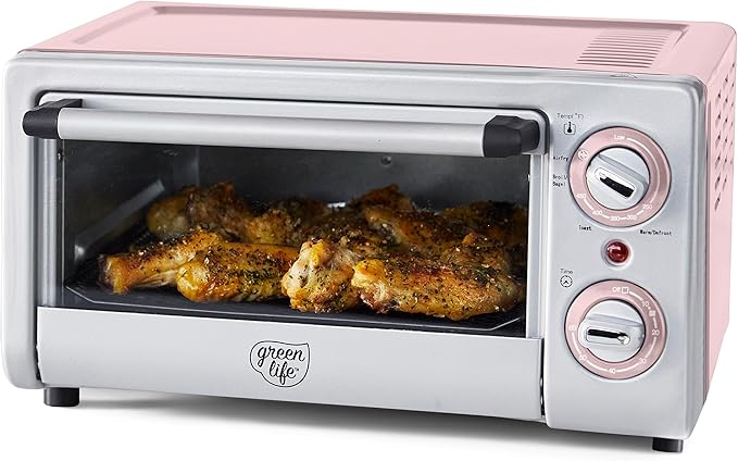 GreenLife Countertop Toaster Oven Air Fryer Stainless Steel, Healthy Ceramic Nonstick, PFAS Free, Tray & Basket, Bake, Broil, Reheat, Adjustable Temp & Time Control, Auto Shutoff, Pink
