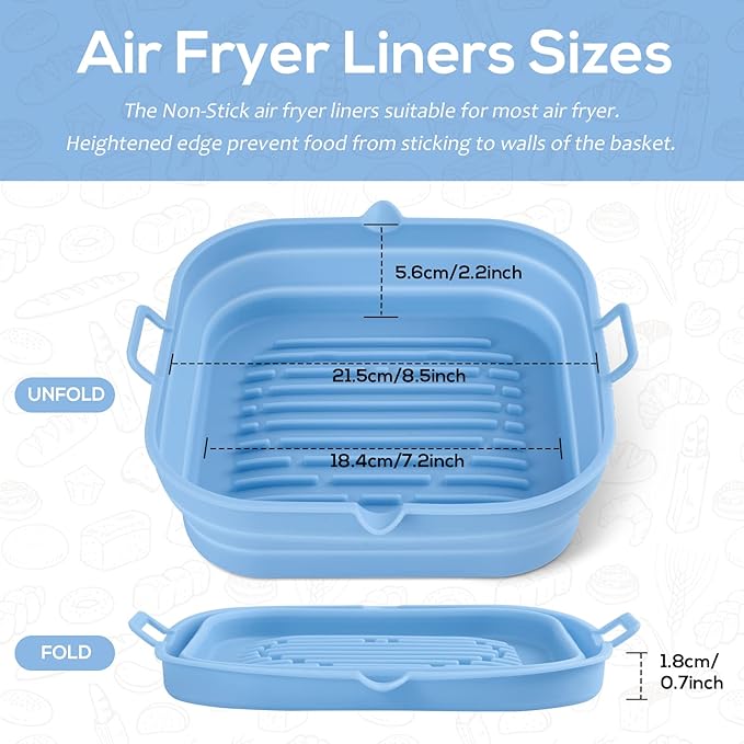 [2 Pack] Silicone Air Fryer Liners Square - Reusable Airfryer Silicone Basket - Easy to Clean Air Fryers Silicone Pot for 5.8 to 8 Qt Large Air Fryer Baking Tray Oven Accessories, 8.5 Inch