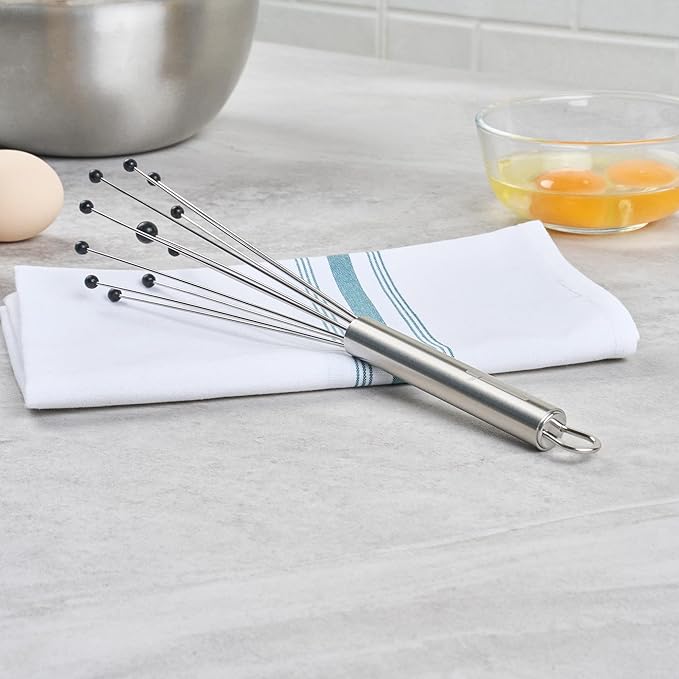 Restaurantware-German Standard 10.6 Inch Ball Whisks, 6 Kitchen Whisks With Silicone Balls - Ergonomic Handle, Dishwashable, Stainless Steel Manual Egg Beater, Durable, For Whisking, Stirring, Mixing