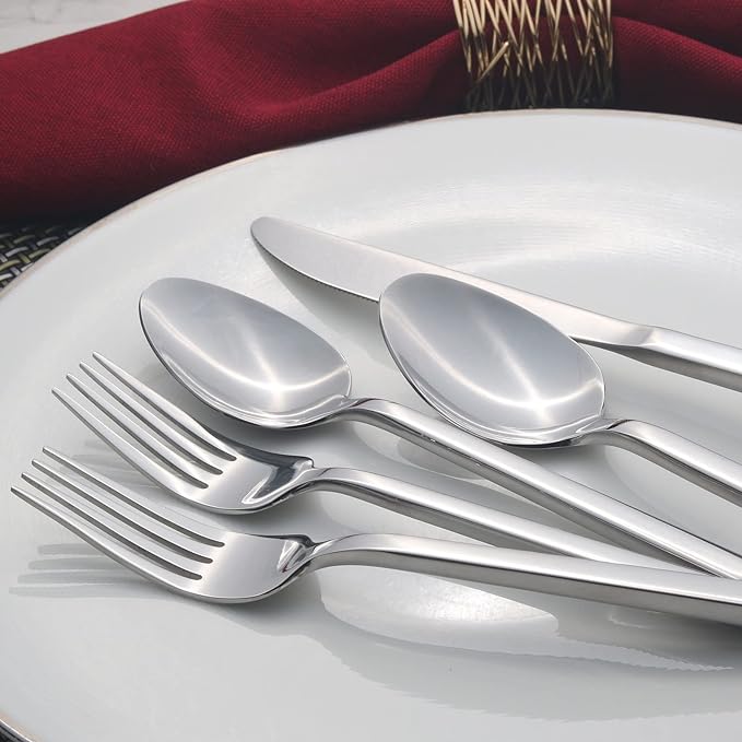 Alata Cube 65-Piece Forged Stainless Steel Flatware Set Cutlery Set with Utensil-Serving Set, Silverware Set Service for 12, Mirror Finish, Dishwasher Safe