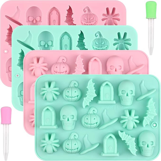 Actvty Halloween Chocolate Silicone Mold, 4 Packs Candy Gummy Molds of 18 Cavity with Skull Pumpkin Ghost Witch Hat Bat Spider Tombstone Shapes for Baking Chocolate Gummy Jelly Dessert