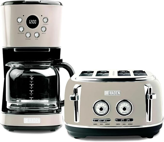 Haden 12 Cup Programmable Drip Coffee Maker Coffee Machine Bundled with Dorset 4 Slice Wide Slot Stainless Steel Toaster, Putty & Chrome