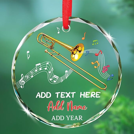 Custom Text & Name Trombone Instrument Player Glass Ornament, Trombone Christmas Ornament Gift for Instrumentalist, Personalized Trombonist Xmas Glass Ornaments, Musical Instrument Christmas Keepsake