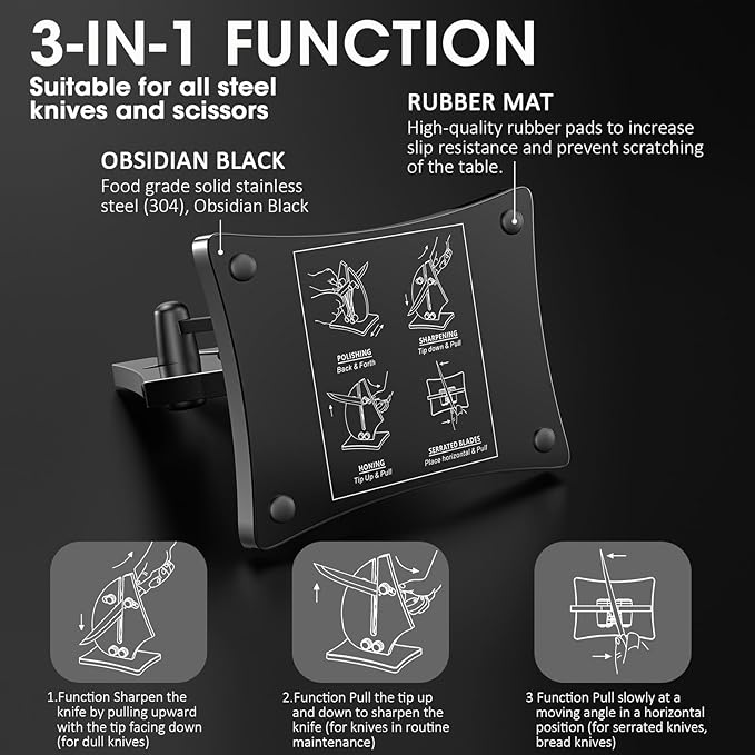 VN3 Professional Knife Sharpener | 3-Action Streamlined Sailboat Design for Effortless Knife Sharpening - The Ultimate Tool for Precision 11 to 21 Degree Angles (Obsidian Color)