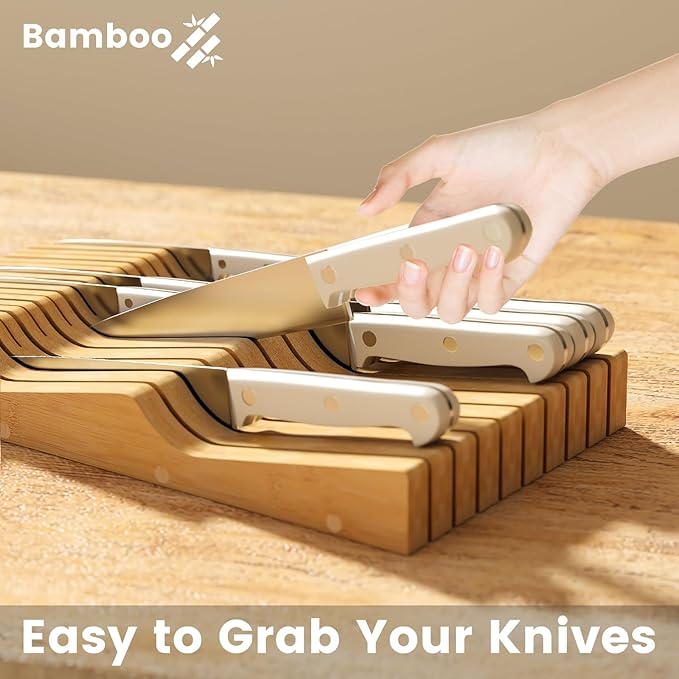 Bamboo In-Drawer Knife Block for 19 Knives(Not Included), Knife Drawer Organizer,Knife Holder Countertop,Block Knife Storage Organizer for Kitchen
