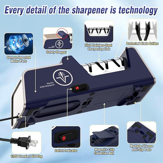 Electric Knife Sharpener for 15 to 20-Degree Knives 100% Diamond Abrasive Stropping Precision Guides for Straight&Serrated Edges&Ceramic Knife, Single&Double-bevel Knives, 3-Stage