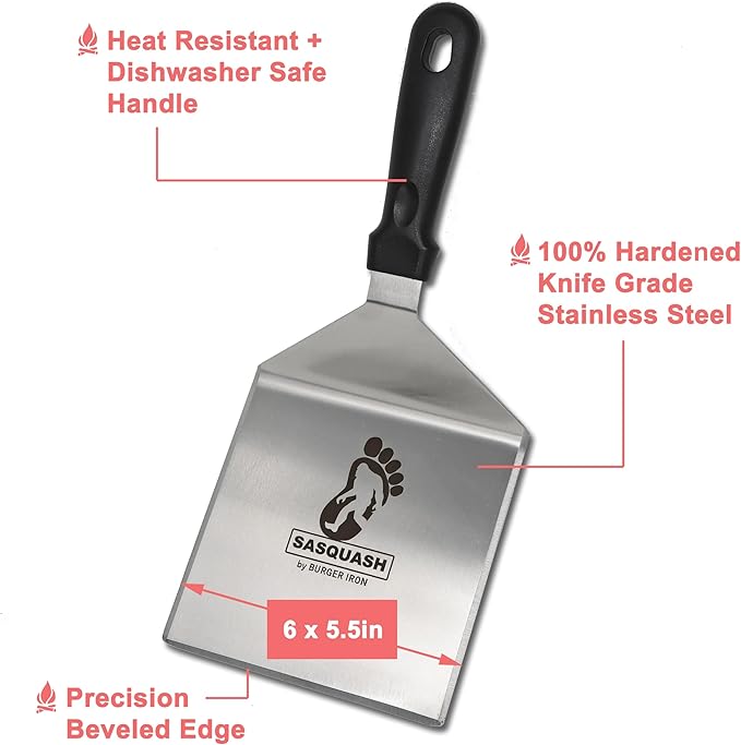The Sasquash - Mammoth Smash Burger Spatula - Professional Grade Extra Wide Hamburger Turner - Heavy Duty 6 x 5.5 Inch, One Pound Knife Grade Stainless Steel, Blackstone BBQ Griddle and Grill Tool