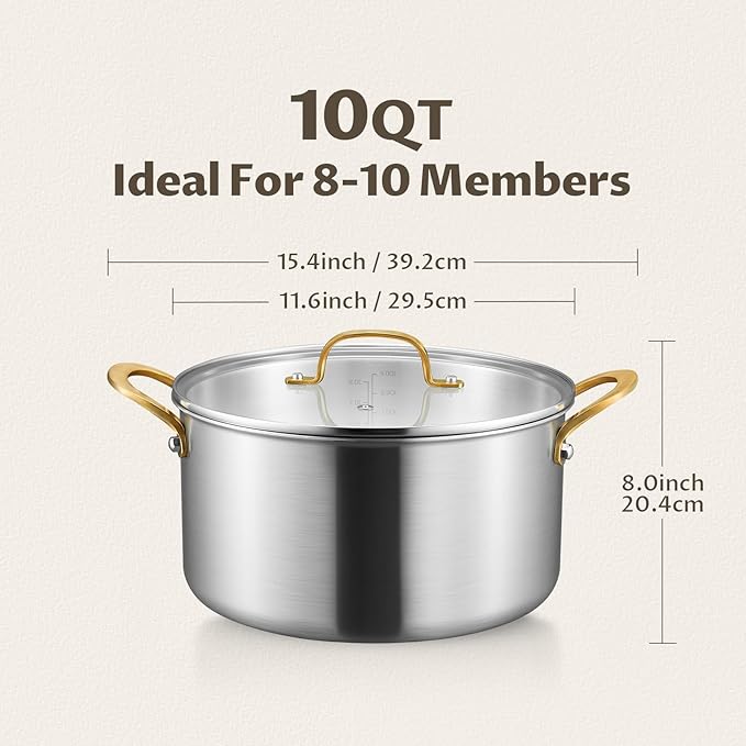BEZIA Large 10 Quart Tri-Ply Stainless Steel Stock Pot, Nonstick Soup Pot With Lid, Sturdy & Double Handle, Induction Stockpot for All Stoves, Large Cooking Pot for Catering, Groups, Events, Silver