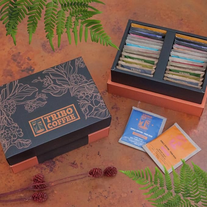 TRIBO COFFEE Single-Serve Portable Pour Over Drip Coffee - Fantastic Journey Variety Gift Box | Includes 30 servings - 15 types