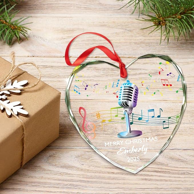 Personalized Micro Recording Glass Christmas Ornament, Customized Year Text Name Singer Singing Microphone Keepsake Ornaments Gift for Women Men Friends Besties, Vocalist Music Xmas Ornament Gifts