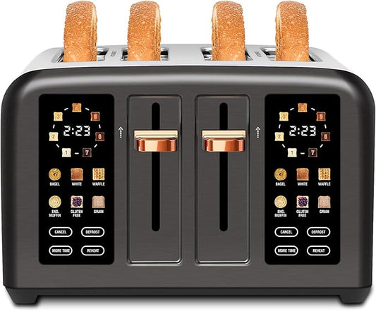 SEEDEEM Toaster 4 Slice, Stainless Steel, Touch Screen for Dual Control, Digital Timer, Smart Toaster with 6 Bread Type, 7 Shade Setting, 1.5''Wide Slot, Removable Crumb Tray, 1800W, Dark Metallic