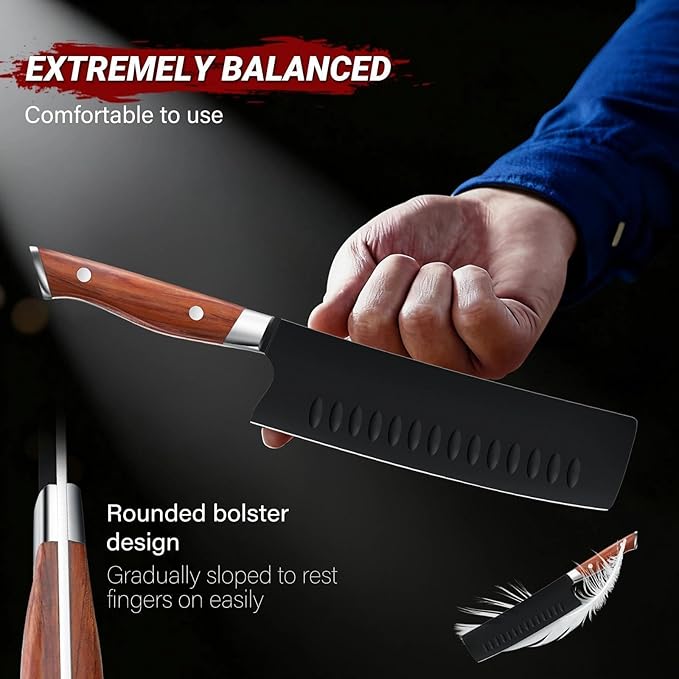 TIVOLI 3 Piece Kitchen Knife Set - High Carbon Steel Black Blade Rustproof Coating - Chef Knife Set with Ergonomic Wood Handle, Cooking Knife Set for Meat Vegetable Fruit, Gift Box Sharp Knives