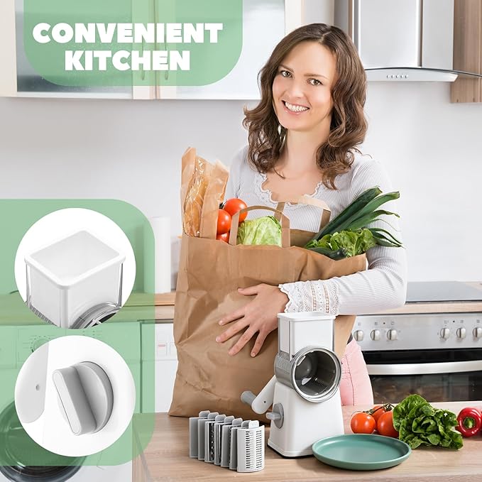 6-in-1 Rotary Cheese Grater with 12 Blades Hand Crank Food Grater Vegetable Slicer with Suction Base, 360° Rotating Handle and Safety Push Cup Multi Blade Shredder Chopper to Dice for Kitchen
