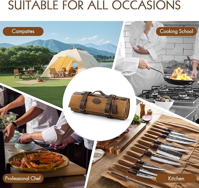 Chef Knife Roll Bag 16oz Oil Waxed Canvas with Cazy Horse Leather, 12 Slots & 2 Zipper Pockets, Portable Backpack Knife Case Storage, Detachable Adjustable Shoulder Strap Belt(Not Included Knives)