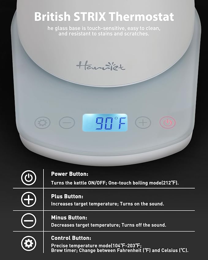 Harriet Gooseneck Electric Kettle - 1200W Fast Heat, 0.8L Stainless Steel, Precision Temp Control & Timer, Wood Handle, Pour Over Coffee and Tea, White