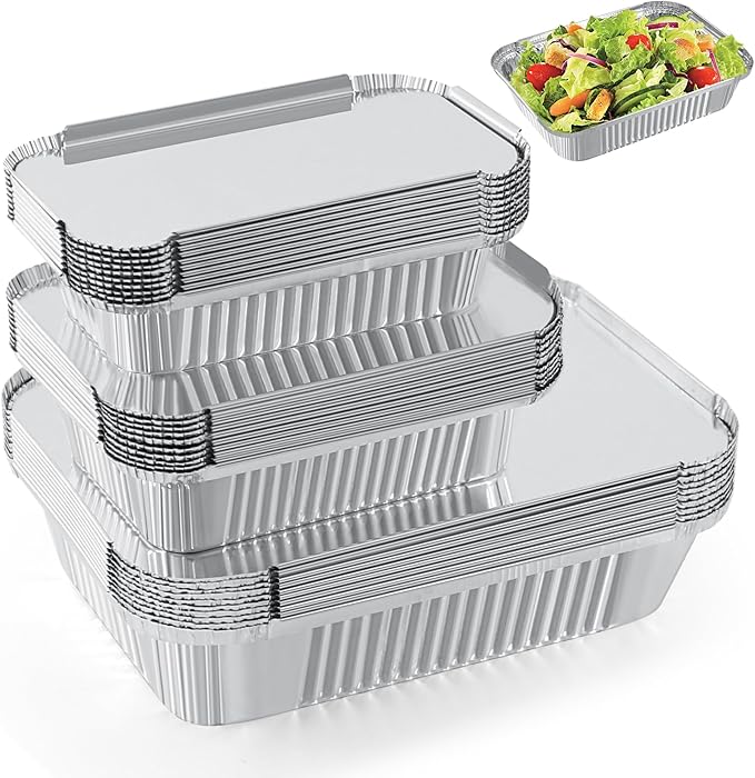 Notwoe® Disposable Aluminum Pans With Lids, 10x7.5 And 7.3x5.3 Square 6.9x4.3 SquareCombo Set, Disposable Baking and Cake Pan. (60 Pack w/Lids)