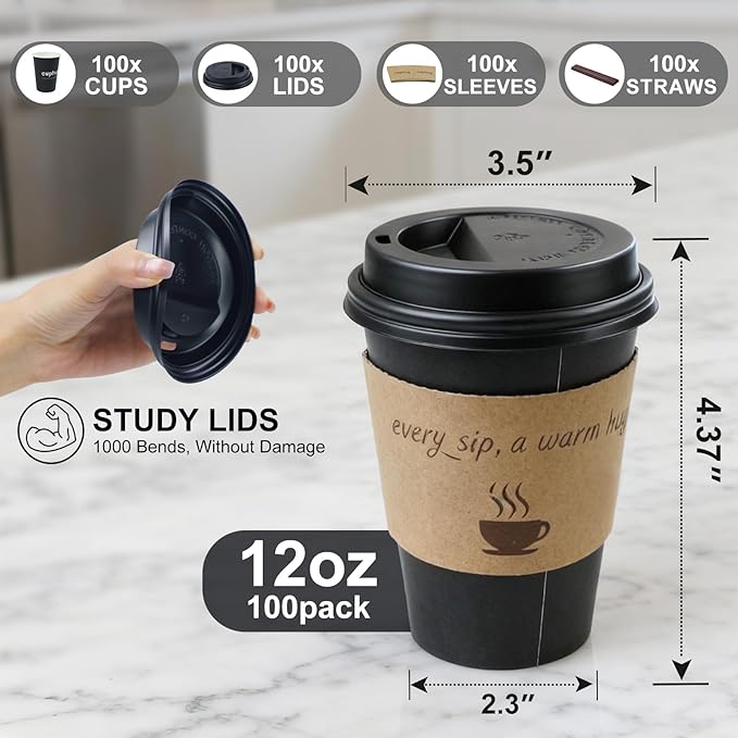 100 Pack 12 oz Coffee Cups,Disposable Hot Drink Paper Cups with Lids & Sleeves -12 Ounce Black Party Cups Perfect for Hot Beverages, Party, Office,and Home Use