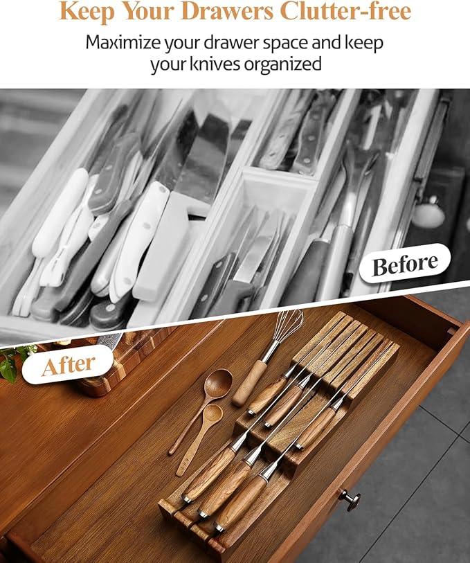 XINZUO In-drawer Knife Block, Natural Acacia Knife Drawer Oganizer, Insert-Kitchen Storage Holder, 7 Slots, Holds up to 7 Various Size Knives, Countertop Saving&Knife Protective