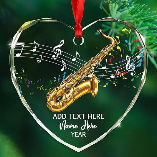Personalized Text Year Name Saxophone Lover Glass Christmas Ornament 2025, Customized Saxophone Instrument Xmas Ornaments Gift for Brother Sister Dad Mom, Best Saxophonist Appreciation Glass Ornament