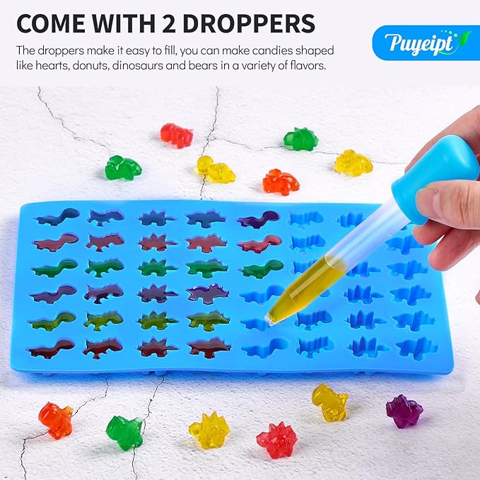 4 PCS Silicone Gummy Candy Molds, 201 Cavities Non-Stick Mini Size Gummy Bear, Dinosaur, Heart and Donut Molds with 2 Droppers for Small Hard Candies, Jello, Chocolates