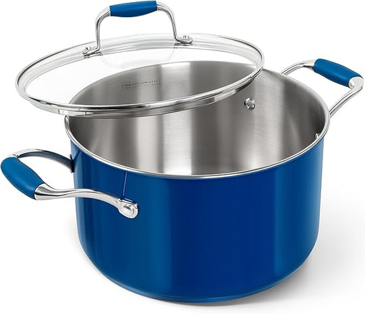 MICHELANGELO Stainless Steel Stock Pots - Induction Soup Pot with Lid, 6 Qt Non-Toxic Cooking Pot, Oven & Dishwasher Safe, Blue Exterior