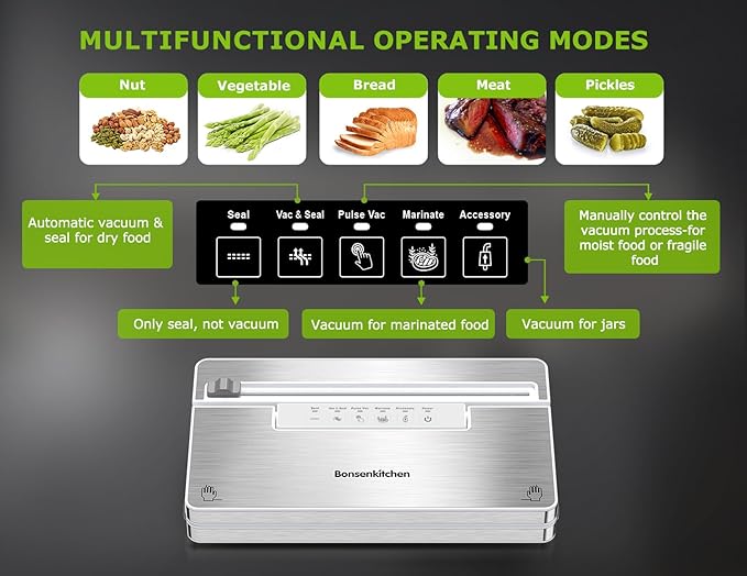 Bonsenkitchen Vacuum Sealer Machine, Stainless Steel Food Sealer Vacuum Sealers with 30 Bags & 1 Roll, 5 Food Vacuum Modes, Built-in Cutter & Bag Storage (White Silver)