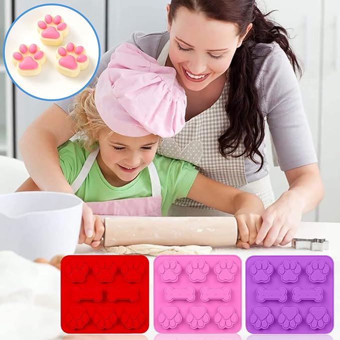 Silicone Molds Puppy Dog Paw & Bone Shaped 2 in 1 and Stainless Steel Cookie Cutter,for Homemade Treats Cat Animal Ice Candy Chocolate Baking Mold(Pink&Purple&Red)
