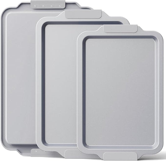 BRONYPRO Non Stick Ceramic Baking Sheet Pan Set of 3, Natural Non Toxic Cookie Sheets for Baking - PFOA, PTFE Free, Aluminized Steel Oven Trays for Cooking with Silicone Handles, Light Gray