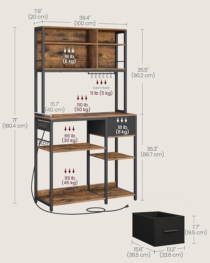 VASAGLE Bakers Rack with Charging Station, Coffee Bar with Adjustable Storage Shelves, Fabric Drawer, 12 Hooks, 15.7 x 39.4 x 71 Inches, Kitchen Microwave Stand, Rustic Brown and Ink Black UKKS027K01