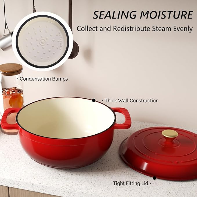 VINGLI 6QT Enameled Cast Iron Round Dutch Oven Pot with Lid, NonStick Casserole Pot with Dual Handles & Silicone GlovesRed, Oven Safe up to 500°F or on Stovetop, Dutch Oven for Bread Baking, Red