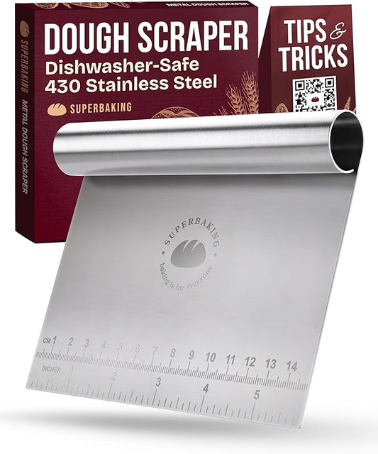 Superbaking Dough Scraper - 6" Stainless Steel Bench Scraper - Dough Cutter with Ruler - Pastry & Cake Scraper - Kitchen Tools Sourdough Baking Supplies - Bread Making Tools & Accessories for Bakers