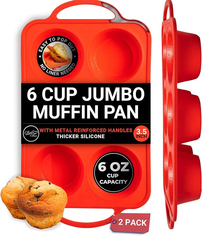 [2 PACK] Jumbo Muffin Pan, 3.5" Large Muffin Pan 6 Cup - Silicone Jumbo Muffin Tin for Baking BPA Free Non Stick - RED