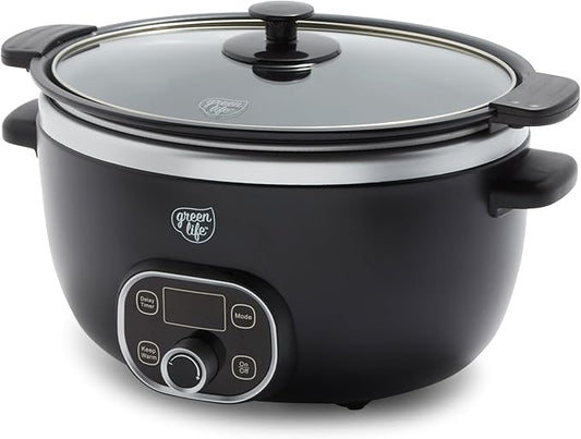 GreenLife 8QT Slow Cooker, Non-Toxic PFAS-Free Ceramic Nonstick Removable Interior Bowl, Programmable, Family Friendly, Keep Warm, Stovetop & Oven Safe, Dishwasher Safe Parts, Timer, Glass Lid, Black