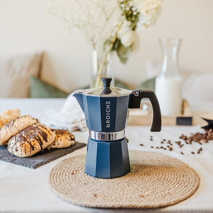 GROSCHE Milano Stovetop Espresso Maker Moka Pot 3 espresso Cup - 5 oz, Blue -Moka Espresso Coffee Maker Stove top coffee maker Moka Italian espresso greca coffee maker brewer percolator