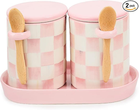 MACKENZIE-CHILDS Set of 2 Ceramic Farmhouse Canisters, Kitchen Storage Containers with Lids, Pink-and-White Rosy Check